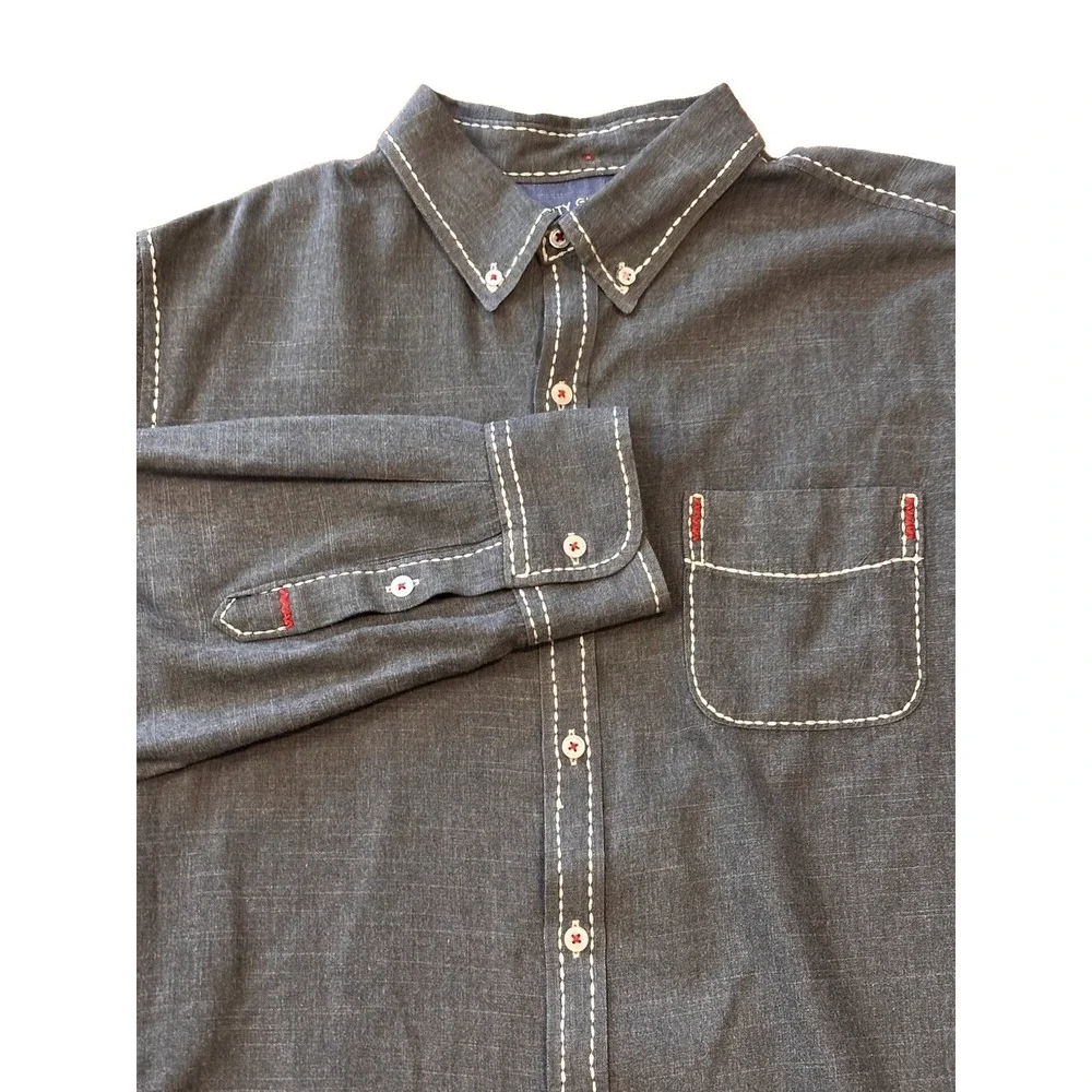 True Religion Mens 2XL Gray Chambray Contrast Stitch Button Up Long Sleeve Shirt
